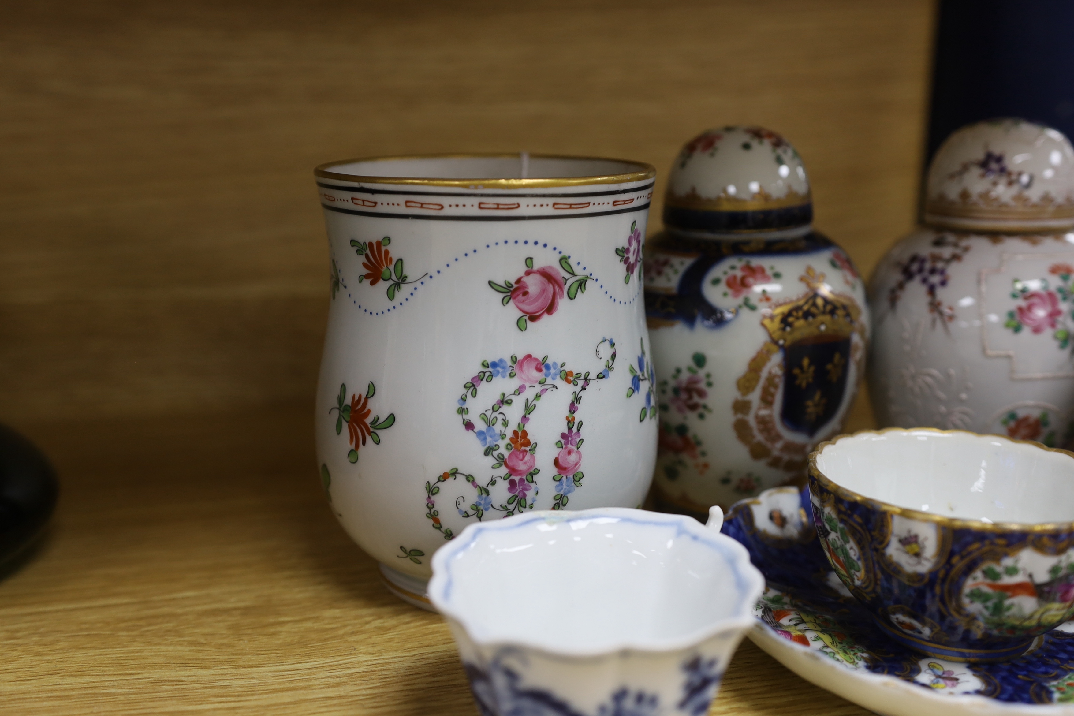 Samson-type porcelain tableware including baluster mug, 12.5cm high, and a Dresden lobed cup